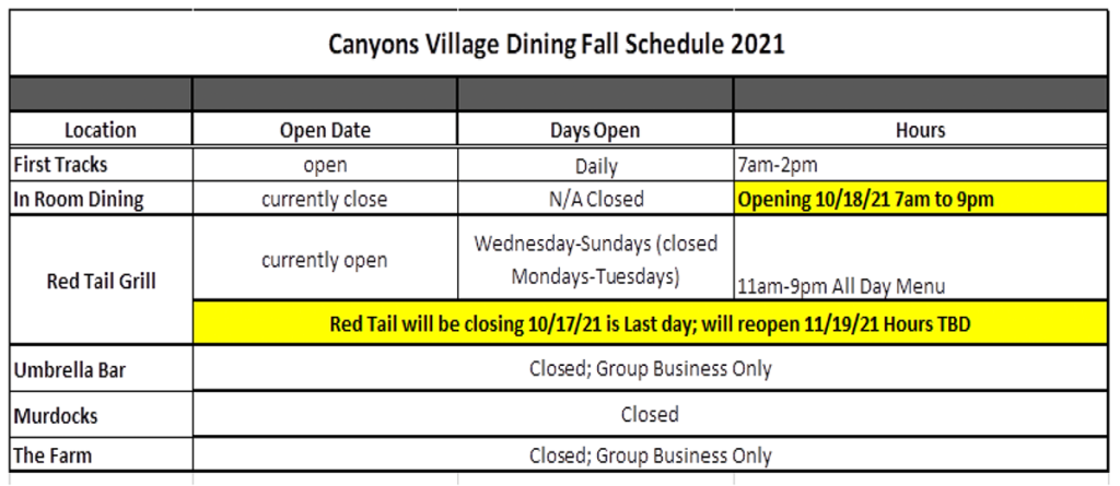 Fall schedule for Canyons Village Dining, including dates and hours.