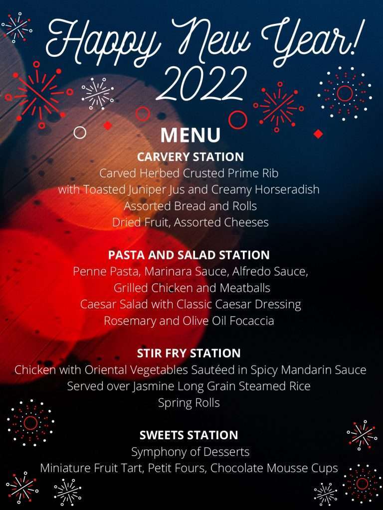 Elegant 2022 New Year's Eve menu with various food stations and festive design.