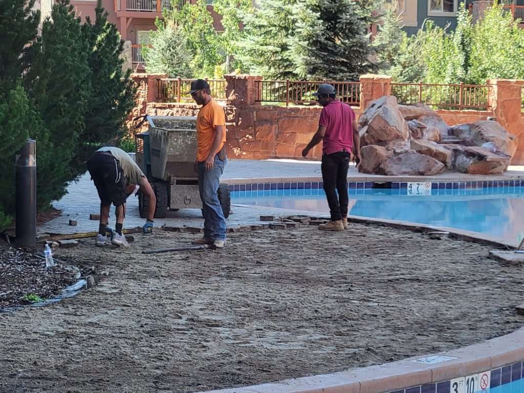 Three people working on landscaping near a pool in a backyard.